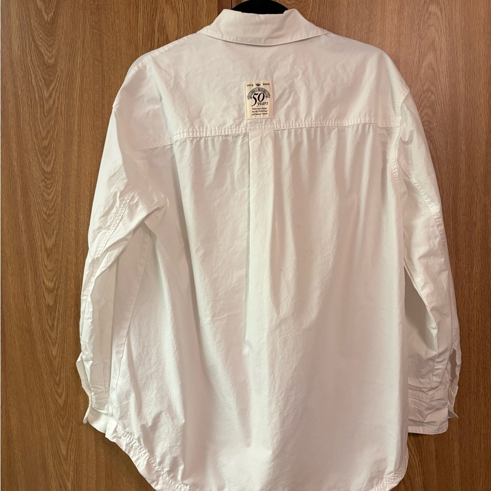 Adidas 50th anniversary white button down oversized women’s top